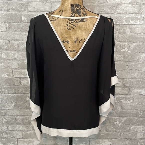 BCX Black Chiffon Cold Shoulder Poncho Top - Picture 3 of 6
